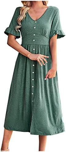 Lmdudanske ljetne haljine za žene 2023 Modni kratki rukav, puna boja dugačka haljina casual gumba V izrez Maxi haljine