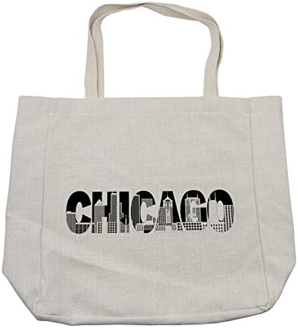 Ambesonne Chicago Skyline torba za kupovinu, crno-bijeli tekst Čikaga koji opisuje gradske znamenitosti apstraktne zgrade, ekološka