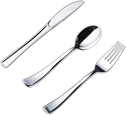 N9r 200pcs Set plastičnog srebrnog posuđa, srebrni plastični pribor za jelo uključujući 100pcs viljuške, 50pcs kašike, 50pcs noževi, jednokratni srebrni pribor za zabavu/svakodnevnu upotrebu