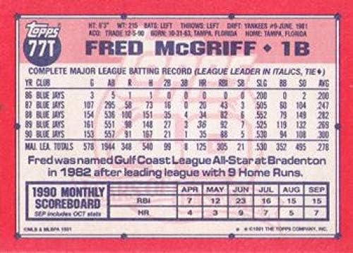 1991. TOPPS Trgovano 77T Fred McGriff San Diego Padres MLB bejzbol kartica NM-MT