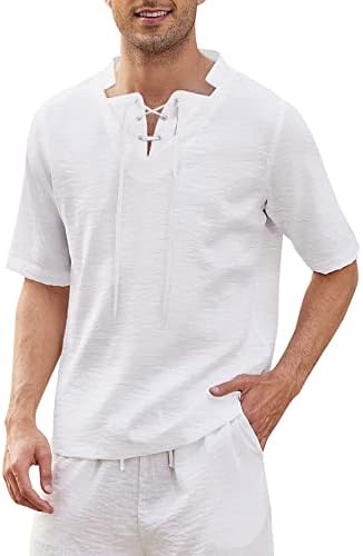 ZDFER muške pamučne lanene Casual Henley majice kratki rukavi vrećaste ljetne majice plaža hipi vezice vezice