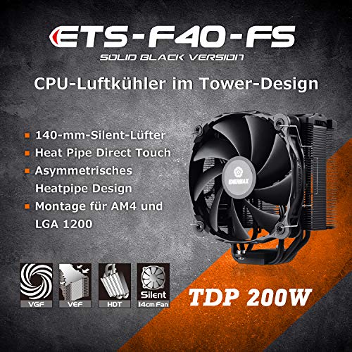 Enermax ETS-F40-FS čvrsti crni CPU hladnjak + 200W TDP za Intel / AMD Ryzen, 14 cm PWM tihi ventilator visokog pritiska, ETS-F40-BK, Crni