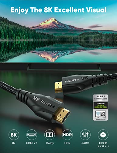 8K HDMI kabl 6.6 FT - ultra high Speed HDMI kabl 2.1 sertifikovan 4K 120hz, 8K 60hz, 48Gbps,pleteni, eARC - kompatibilni za Xboe /