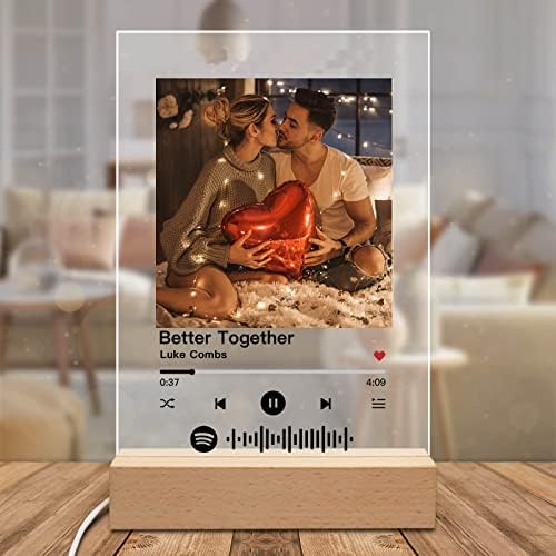 Bibabo Personalizirano glazbeno plakete sa fotografijom, akrilni naslovnicu Album LED žarulja Skenable Spotify kod LED noćna lampica, za godišnjicu vjenčanja, očev dan