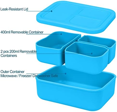 YFBXG Silikone Bento kutija, 3 odjeljak za ponovno zakraćivanje Bento ručak za odrasle, Snack kontejner sa 3 uklonjiva kontejner, plava