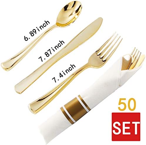 WELLIFE 350 kom Zlatni plastični kvadratni pribor za jelo, jednokratni Zlatni plastični tanjiri, uključuje: 50 tanjira za večeru 10,25,