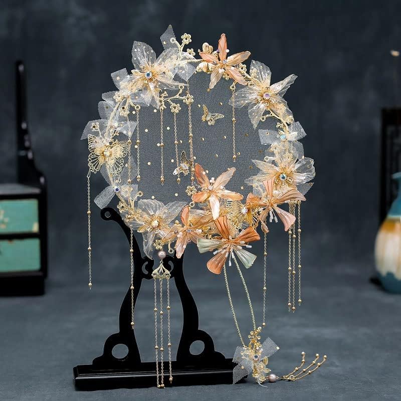 ZSQHD Zlatni bridalni ventilator Classic Kineski stil mladenka HOTCHERS Cvijeće Sheer Tulle perle sa vidljivama za venčanje