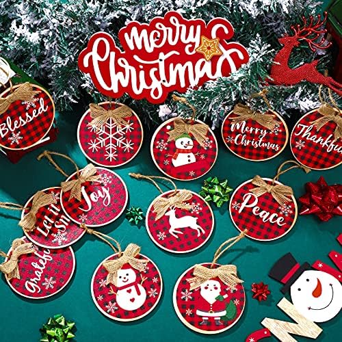 12 komada Božić Hrast velike kriške ukrasi drvo Buffalo karirani dekor Božić drvena pahuljica snjegović ukrasi Božić okrugli viseći