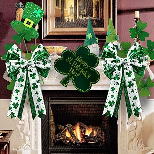 Sggvecsy St. Patrickov dan vijenac luk zeleni shamrock lukovi veliki sjajni ukrasi za luk irski praznični rustikalni bowknot DIY obrt poklon vrpca Bow for zidni ukras za zabavu