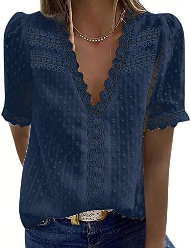 Ženske ljetne majice i vrhovi kratki rukavi V vrat čipkasti kukičani tuniki vrhovi Flowy Casual bluze majice pune boje majice