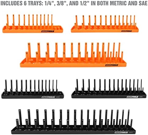 Oemtools 22418 6 komada SAE i metrički set ladice za utičnicu, SAE i metrička utičnica za veličine 1/4 , 3/8 i 1/2 pogona, držač utičnice i nosač utičnice za alat, narančasta i crna
