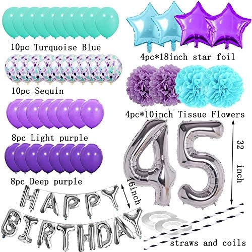 Tirkizni ukrasi za rođendan i ljubičasti rođendan Set sirena boja - srebrni sretni rođendan Baner Latex i Confetti baloni Papir Garland