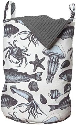 Lunarable Nautička torba za veš, skiciran dizajn dagnji ribe morske zvijezde Meduze školjke, korpa za korpe sa ručkama zatvaranje