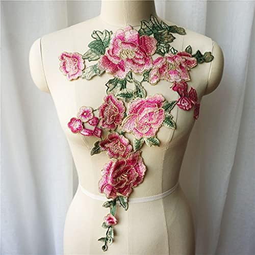 Uxzdx cujux vezeni ružičasti božurni cvijet zelene listove čipke tkanine ovratnike kovrče kovrče za patch za vjenčani ukras haljina