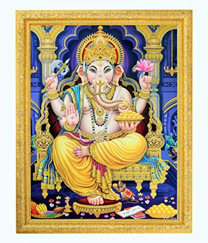 Shree Ganesh Golden Zari umjetnička djela u zlatnom okviru Veliki religiozni zidni dekor