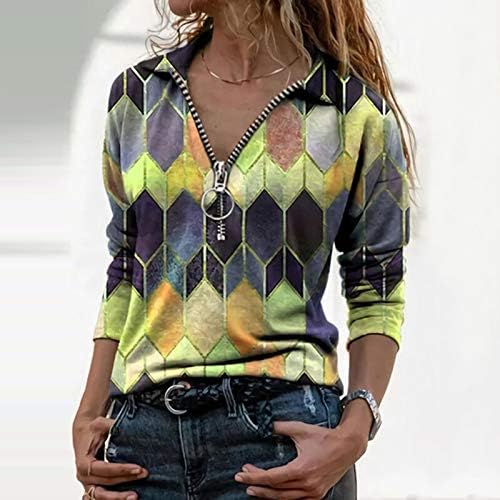 RMXEI modni ženski rever geometrijski print patentni zatvarač dugih rukava majica majica