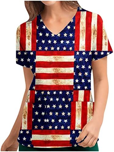 Američka zastava Štampana radna odjeća za žene V-izrez Slatka patriotska pistrub_tops Tunika majica sa 2 bočnih džepova