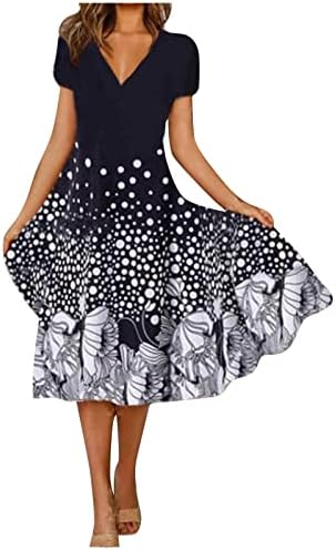 ADHOWBEW prolećne haljine za žene modni cvetni Print kratki rukav V vrat linija haljina slatka Swing Casual Midi haljina