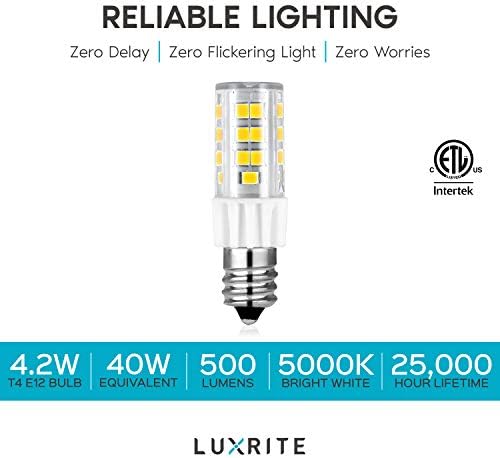 LUXRITE zatamnjena E12 LED sijalica T4/T3, 40W ekvivalentna, 5000k svijetlo Bijela, 500 lumena, Mini kandelabra LED sijalica, ETL navedena - dekorativna rasvjeta, luster, svijećnjak, Stropni ventilator i privjesak