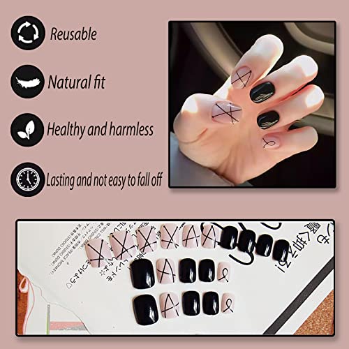 YOSOMK pritisnite na noktima kratki Crni kvadrat lažni nokti puni poklopac sjajni štap na noktima s dizajnom akrilni umjetni nokti za žene