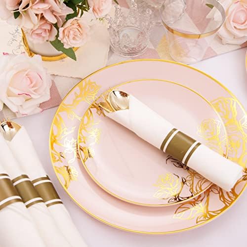 DaYammi 210kom Pink Gold plastične ploče, zlatni set posuđa za jednokratnu upotrebu uključuje 60 zlatnih ružičastih tanjira 30 zlatnih