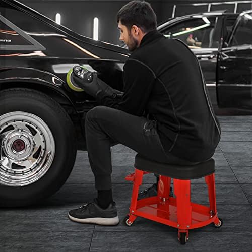 M-AUTO Heavy Duty Garage Rolling Work Seat 300lbs kapacitet mehanička stolica sa točkovima, Rolling Work Seat sa ležištem za opremu i stalkom za alat, mehanička rolna stolica pravougaonog sedišta, Crvena
