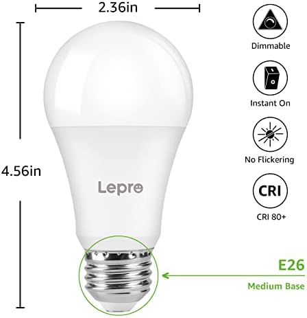 Lepro LED sijalice sa mogućnošću zatamnjivanja ekvivalentne 100 W, 14W 1500lm Daylight White 5000k, standardna Srednja baza A19 E26, navedena UL FCC, životni vek od 15000 sati, 6 kom