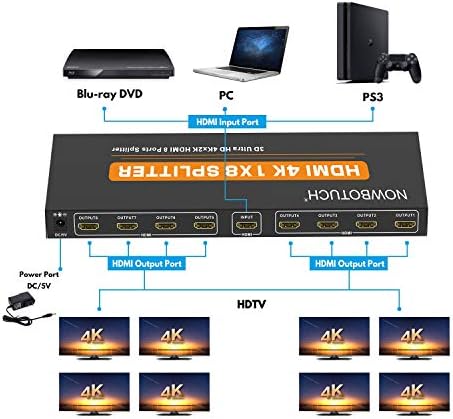 NowBotuch 1x8 HDMI razdjelnik 8 Port 1 u 8 Out HDMI prekidač 1 port do 8 HDMI prikaz Duplikat / Ogledalo Power Splitter Ver 1.4 certificirano