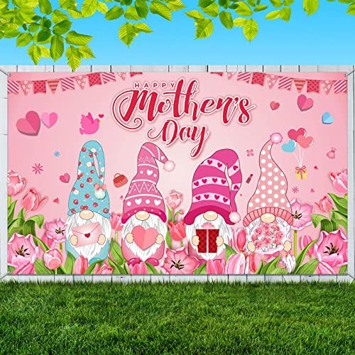 Happy Mother's Day Banner Backdrop 73 x 43 inča Majčin dan dekoracije Patuljci Tulip Heart Photographic Studio Photo Background Pink Flower Background Gnome Photography Background For Party