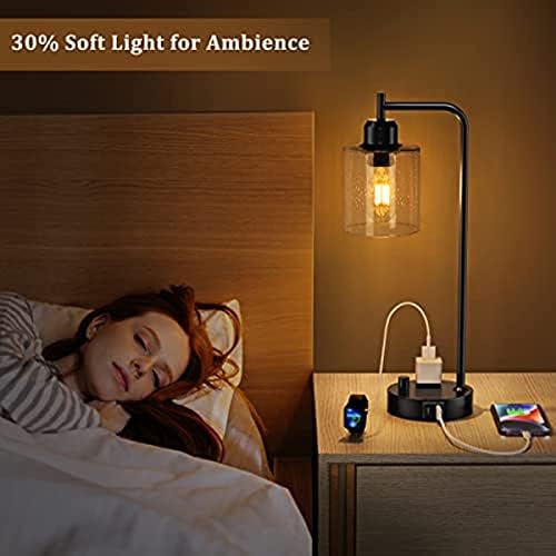 Industrijska noćna lampa za spavaću sobu - noćne trake sa USB C punicom, potpuno zatamnjene crne lampe sa USB portovima i otvorima,