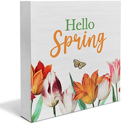 Country Farmhouse Proljeće Cvijeće Drvena kutija Potcrt Decor Deck Deck New Cvjetni leptir Pozdrav Zdravo Spring Quote Drveni kutija
