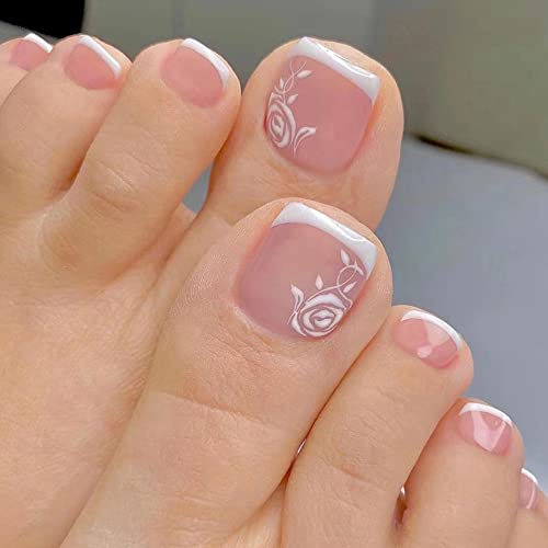 Pritisnite na nokte na nogama kratki lažni nokti 24 kom bijela ruža lažni nokti na nogama sa dizajnom cvijeća akrila puni poklopac