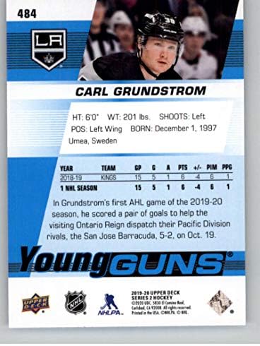 2019-20 Gornja paluba # 484 Carl Grundstrom Mlade puške RC Rookie Los Angeles Kings NHL hokejaška trgovačka kartica