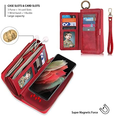 Nincyee Flip Case za Samsung Galaxy S23 Ultra,multifunkcionalni Trostruki kožni novčanik,džep sa patentnim zatvaračem,Slot za kartice, magnetna odvojiva futrola Crvena
