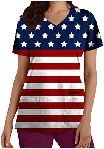 Dan nezavisnosti vrhovi za žene Američka zastava V-izrez kratki rukav Radna uniforma 4. jula Patriotska majica