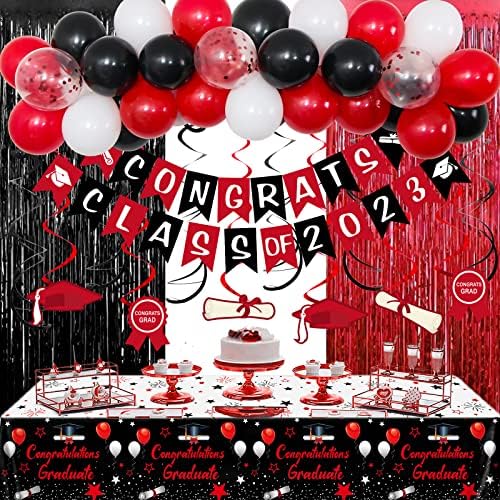 Diplomske dekoracije klasa 2023., dekoracije za diplomske zabave crveni i crni Baloni za diplomiranje pozadina dekor, diplomski Baner Čestitamo diplomirani stolnjak za zabave