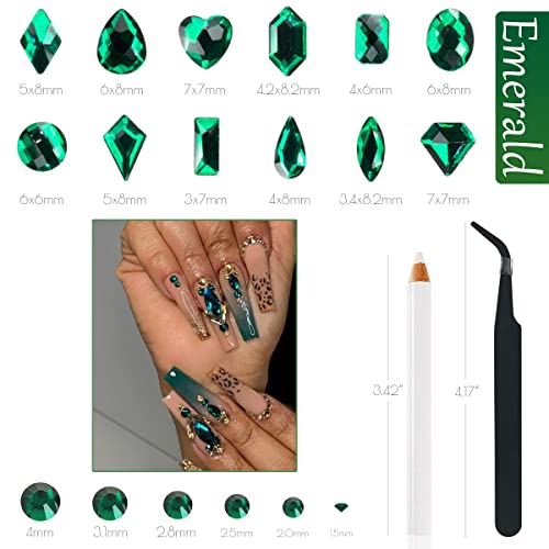 1300kom smaragdno zeleni Nail Art Rhinestones Kit zeleni Privjesci za nokte 60 multi Shapes Crystal Flatback Rhinestones Big Gems