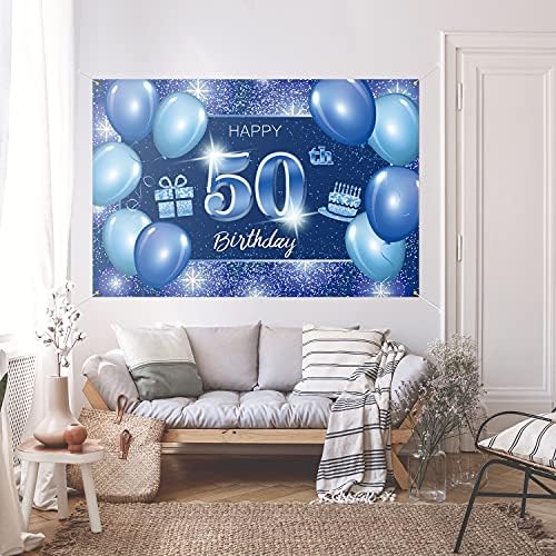 5665 Happy 50th Birthday Backdrop Banner Decor blue-Dot Glitter Sparkle 50 Years Birthday party theme Decorations for Men Women Supplies