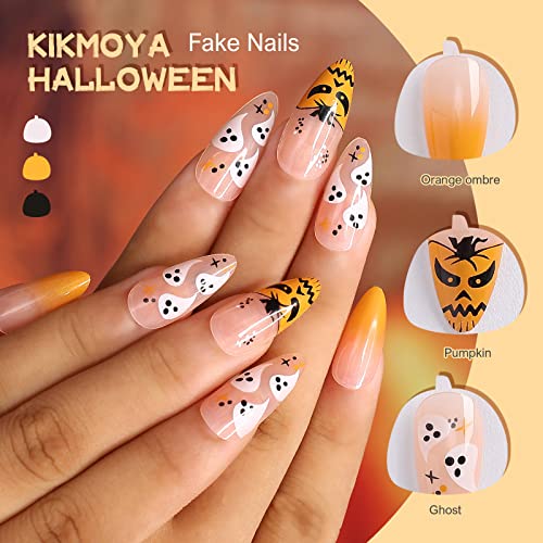 Kikmoya Halloween Press na noktima badem Pink lažni nokti srednje dužine sa bundevom Ghost dizajn Stick na noktima za žene 24kom narandžasti