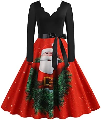 Božićna haljina za žene 1950-ih Vintage Scalloped V izrez prom party koktel haljina crtani Print a-Line Swing haljine