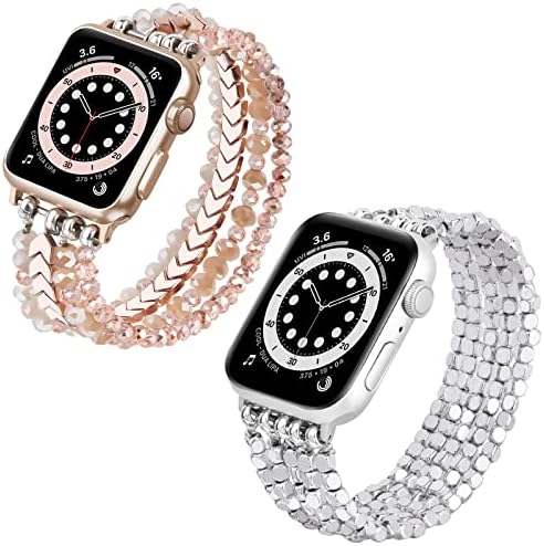Mofree Rose Gold arrow Zerled i klizač Zglobna narukvica Kompatibilan je za Apple Watch Band 40mm / 38mm / 41mm Series 7 / SE / 6/5/4/3/2 / 1 Ženska modna ručno izrađena elastična kamena za rastezanje za IWATCH trake