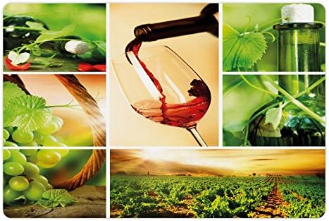Ambesonne Wine pet Mat za hranu i vodu, degustacija vina i vinova loza kolaž zeleno svježe polje sipanje piće ukusno, pravougaonik