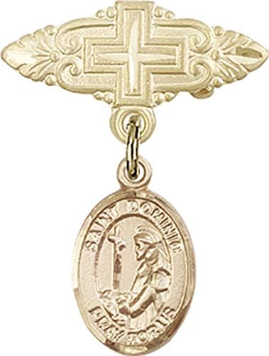 Jewels Obsession Baby Badge sa šarmom St. Dominic de Guzman i iglom za značku sa krstom | 14k Zlatna bebina značka sa šarmom St. Dominic