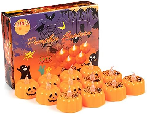 SOLLED Halloween Pumpkin tea Lights na baterije, LED svjetla za bundeve od 12 paketa, svjetlo za bundeve bez plamena za Jack O Lantern Fall Pumpkin Decor