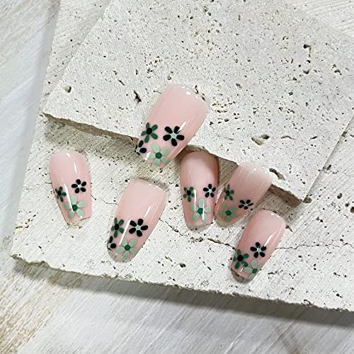 Press on Nails kvadratni akrilni nokti srednje dužine Nude lažni nokti sa zelenim cvijetom dizajn slatki lažni nokti prolećni lepak na noktima za žene i devojke Nail Art dekoracije 24kom