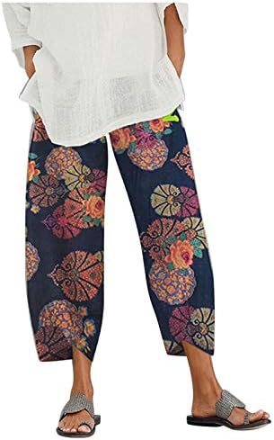Pamučne lanene hlače ženske Ležerne ljetne kapri hlače s džepovima visokog struka udobne hlače na plaži maslačak Harem hlače