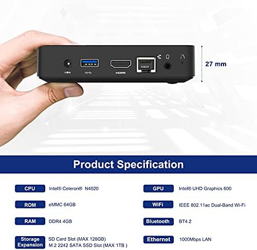 KODLIX Mini PC Celeron N4020, DDR4 4GB/64GB eMMC Mini PC Fanless UHD 4K@60Hz, Mini Computer Support HDMI&VGA, USB3.0, 2.4/5.8 g Wi-Fi,