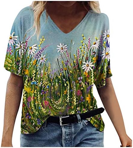 Žene ljetne vrhove Dressy casual 2023 V izrez kratki rukav majica cvjetni labavi fit coveing ​​majica workout plus veličina bluza