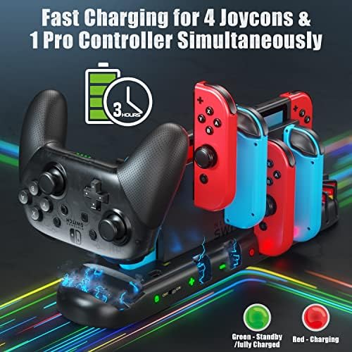 Prebacite punjač za 6 Joy-Consel i Pro kontroler, prekidač za punjač sa 2 proširene USB portove, prekidač za punjenje stanice sa odvojivim 8 utora za igru ​​za Nintendo Switch & OLED model