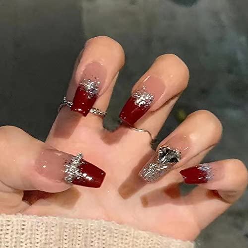 MISUD Coffin Press na noktima duga balerina lažni nokti sjajni ljepilo na noktima crveni francuski vrh akrilni nokti Bling Glitter umjetni nokti 3D Luksuzni vještački dijamant štap na lažnim noktima sa dizajnom 24 kom